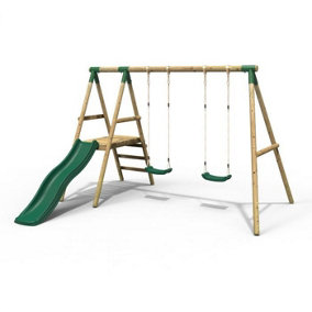 Rebo Gemini Wooden Garden Swing Set with 2 Swings, Platform and Slide - Green