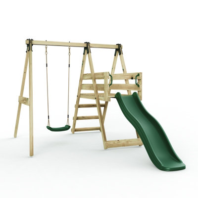 Rebo Glide Wooden Single Swing Set with 6ft Slide and Swing Seat - Orchid (Dark Green Swing)