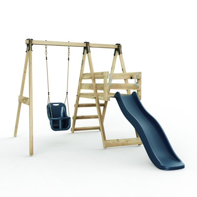 Rebo Glide Wooden Single Swing Set with 6ft Slide and Swing Seat - Orchid (Navy Blue Baby Swing)