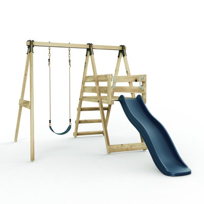 Rebo Glide Wooden Single Swing Set with 6ft Slide and Swing Seat - Orchid (Navy Blue Belt Swing)