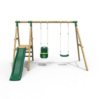 Rebo Odyssey Wooden Garden Swing Set with Standard Seat, Baby Seat, Platform and Slide - Green