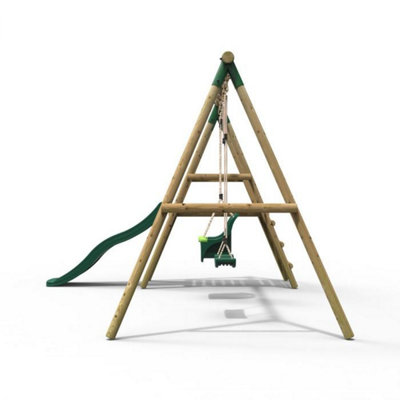 Rebo Odyssey Wooden Garden Swing Set with Standard Seat, Baby Seat, Platform and Slide - Green