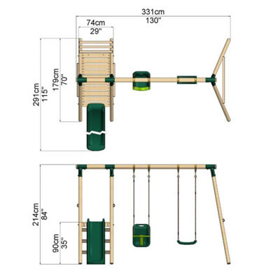 Rebo Odyssey Wooden Garden Swing Set with Standard Seat, Baby Seat, Platform and Slide - Green