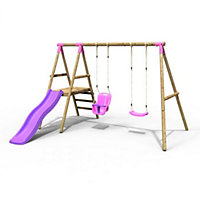 Rebo Odyssey Wooden Garden Swing Set with Standard Seat, Baby Seat, Platform and Slide - Pink