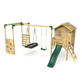 Rebo Orchard 4ft Wooden Children's Playhouse, Swings, Monkey Bars, Deck & 6ft Slide - Double Swing - Sage Green
