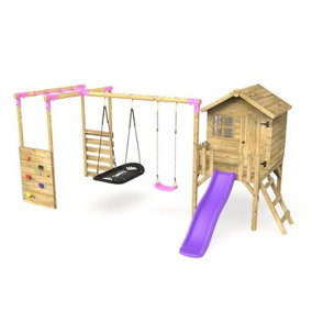 Rebo Orchard 4ft Wooden Children's Playhouse, Swings, Monkey Bars, Deck & 6ft Slide - Double Swing - Sage Purple