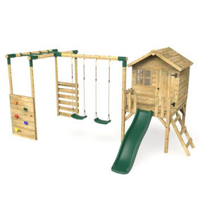 Rebo Orchard 4ft Wooden Children's Playhouse, Swings, Monkey Bars, Deck & 6ft Slide - Double Swing - Venus Green