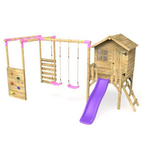 Rebo Orchard 4ft Wooden Children's Playhouse, Swings, Monkey Bars, Deck & 6ft Slide - Double Swing - Venus Purple
