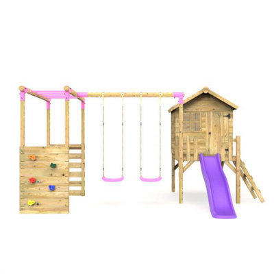 Rebo Orchard 4ft Wooden Children's Playhouse, Swings, Monkey Bars, Deck & 6ft Slide - Double Swing - Venus Purple