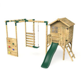 Rebo Orchard 4ft Wooden Children's Playhouse, Swings, Monkey Bars, Deck & 6ft Slide - Single Swing - Solar Green