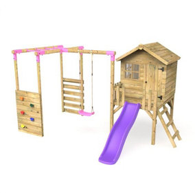 Rebo Orchard 4ft Wooden Children's Playhouse, Swings, Monkey Bars, Deck & 6ft Slide - Single Swing - Solar Purple