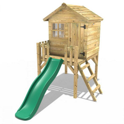 Rebo Orchard 4FT x 4FT Wooden Playhouse On 900mm Deck and 6FT Slide (Swan Dark Green)