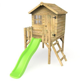 Rebo Orchard 4FT x 4FT Wooden Playhouse On 900mm Deck and 6FT Slide (Swan Light Green)