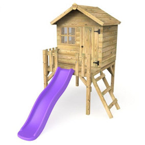 Rebo Orchard 4FT x 4FT Wooden Playhouse On 900mm Deck and 6FT Slide (Swan Purple)