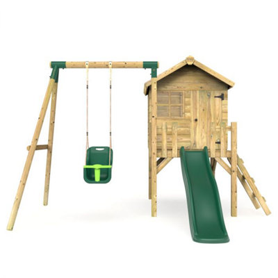 Rebo Orchard 4ft x 4ft Wooden Playhouse with Baby Swing, 900mm Deck and 6ft Slide - Pluto Green