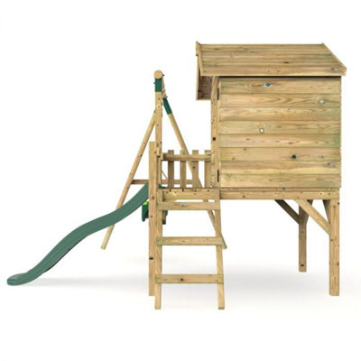 Rebo Orchard 4ft x 4ft Wooden Playhouse with Baby Swing, 900mm Deck and 6ft Slide - Pluto Green