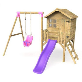 Rebo Orchard 4ft x 4ft Wooden Playhouse with Baby Swing, 900mm Deck and 6ft Slide - Pluto Purple