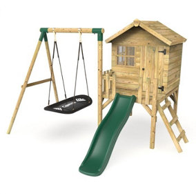 Rebo Orchard 4ft x 4ft Wooden Playhouse with Boat Swing, 900mm Deck and 6ft Slide - Boat Green