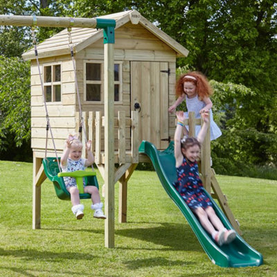 Rebo Orchard 4ft x 4ft Wooden Playhouse with Boat Swing 900mm Deck and 6ft Slide Boat