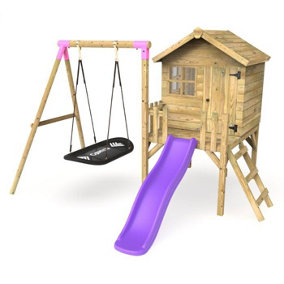 Rebo Orchard 4ft x 4ft Wooden Playhouse with Boat Swing, 900mm Deck and 6ft Slide - Boat Purple