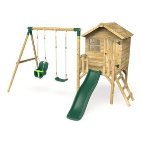 Rebo Orchard 4ft x 4ft Wooden Playhouse with Standard Swing, Baby Swing, 900mm Deck and 6ft Slide - Luna Green