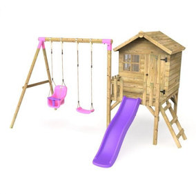 Rebo Orchard 4ft x 4ft Wooden Playhouse with Standard Swing, Baby Swing, 900mm Deck and 6ft Slide - Luna Purple