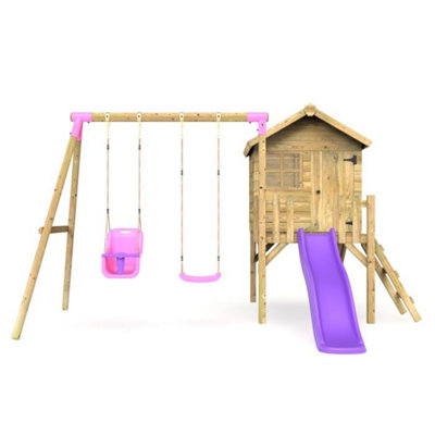 Rebo Orchard 4ft x 4ft Wooden Playhouse with Standard Swing, Baby Swing, 900mm Deck and 6ft Slide - Luna Purple