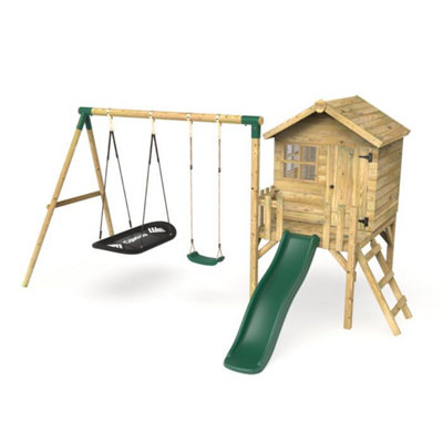 Rebo Orchard 4ft x 4ft Wooden Playhouse with Standard Swing, Boat Swing