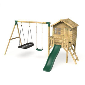Rebo Orchard 4ft x 4ft Wooden Playhouse with Standard Swing, Boat Swing, 900mm Deck and 6ft Slide - Sage Green