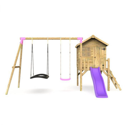 Rebo Orchard 4ft x 4ft Wooden Playhouse with Standard Swing, Boat Swing, 900mm Deck and 6ft Slide - Sage Purple