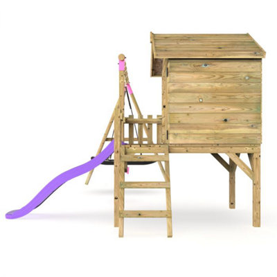 Rebo Orchard 4ft x 4ft Wooden Playhouse with Standard Swing, Boat Swing, 900mm Deck and 6ft Slide - Sage Purple