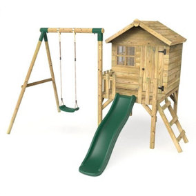 Rebo Orchard 4ft x 4ft Wooden Playhouse with Swings, 900mm Deck and 6ft Slide - Solar Green