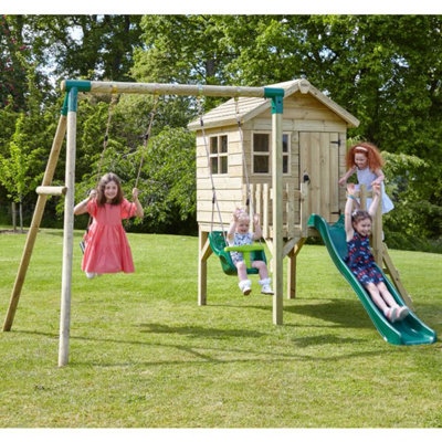Rebo Orchard 4ft x 4ft Wooden Playhouse with Swings 900mm Deck and 6ft Slide Solar Green