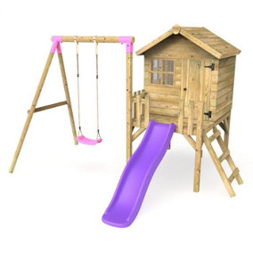 Rebo Orchard 4ft x 4ft Wooden Playhouse with Swings, 900mm Deck and 6ft Slide - Solar Purple
