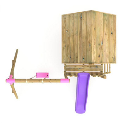 Rebo Orchard 4ft x 4ft Wooden Playhouse with Swings, 900mm Deck and 6ft Slide - Solar Purple