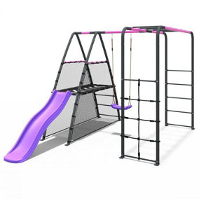 Rebo Steel Series Metal Children's Swing Set - Monkey Bars & Slide - Single Pink