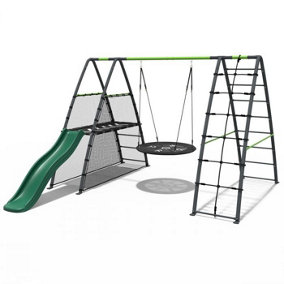 Rebo Steel Series Metal Children's Swing Set - Up and Over Wall & 6ft Slide - Nest Green
