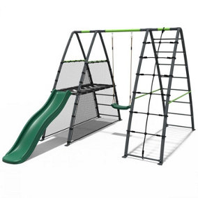 Rebo Steel Series Metal Children's Swing Set - Up and Over Wall & 6ft Slide - Single Green