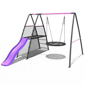 Rebo Steel Series Metal Children's Swing Set with Slide Platform & 6ft Slide - Nest Pink