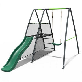Rebo Steel Series Metal Children's Swing Set with Slide Platform & 6ft Slide - Single Green