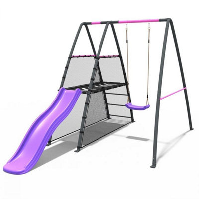 Rebo Steel Series Metal Children's Swing Set with Slide Platform & 6ft Slide  - Single Pink