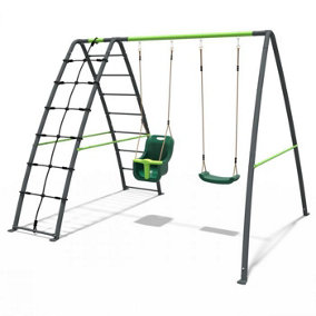 Rebo Steel Series Metal Children's Swing Set with Up and Over Wall - Double Swing Green