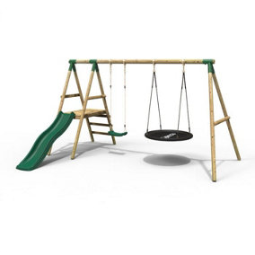 Rebo Ulysses Wooden Garden Swing Set with Platform and Slide - Green