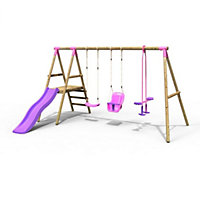 Rebo Voyager Wooden Garden Swing Set with Standard Seat, Baby Seat, Glider, Platform and Slide - Pink