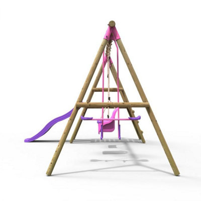 Rebo Voyager Wooden Garden Swing Set with Standard Seat, Baby Seat, Glider, Platform and Slide - Pink