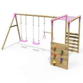 Rebo Wooden Children's Garden Swing Set with Monkey Bars - Comet Pink