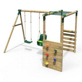 Rebo Wooden Children's Garden Swing Set with Monkey Bars - Double Swing - Luna Green