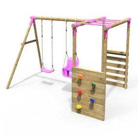 Rebo Wooden Children's Garden Swing Set with Monkey Bars - Double Swing - Luna Pink