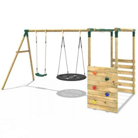 Rebo Wooden Children's Garden Swing Set with Monkey Bars - Double Swing - Meteorite Green