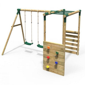Rebo Wooden Children's Garden Swing Set with Monkey Bars - Double Swing - Venus Green